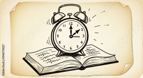 Vintage Alarm Clock Ringing on Open Book.