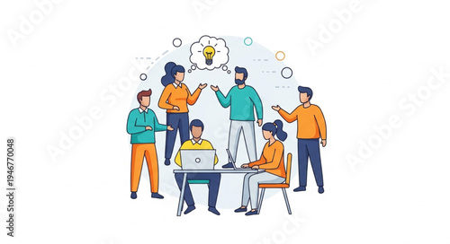 Diverse team collaborating on a new idea with a lightbulb symbol.