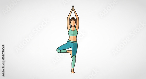 Woman practicing yoga tree pose on white background.