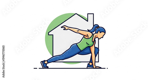 Woman exercising at home in a house silhouette.