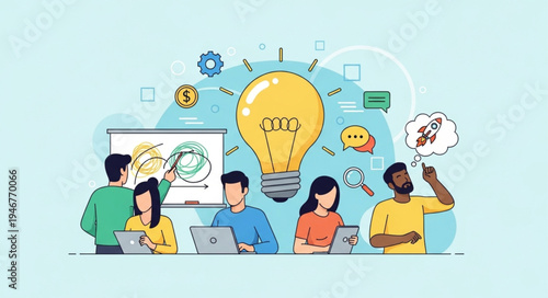 Diverse team collaborating on a new idea with a giant lightbulb symbolizing innovation.