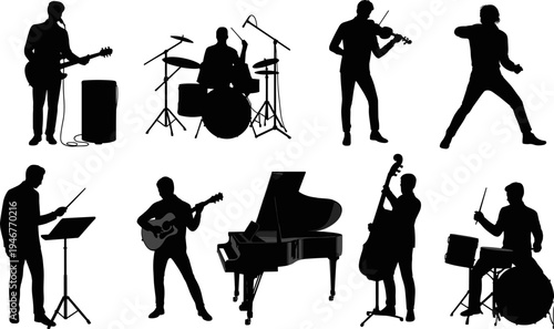 Musicians band silhouettes guitarist drummer violinist pianist conductor performers music instruments concert isolated black figures flat vector illustration set