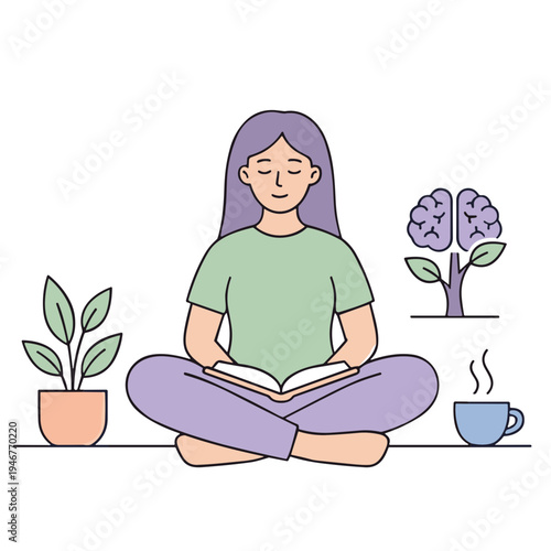 A woman sits cross-legged reading a book with a plant and cup nearby.