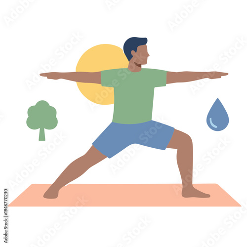 Man practices yoga outdoors in warrior pose near tree and sun