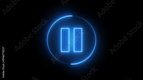 Glowing neon media player pause icon animation video and audio play stop control circle pause button sign symbol on black background