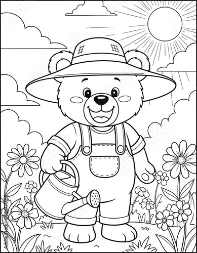 A smiling teddy bear wearing a hat and overalls watering flowers on a sunny day with clouds and a bright sun in the background