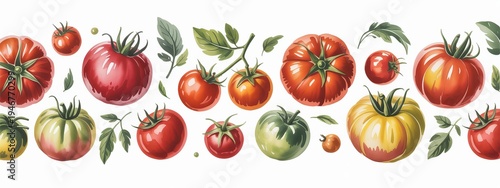 A watercolor illustration of ripe red and green tomatoes with leaves on a white background yellow