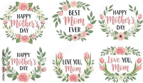 A collection of six beautiful Mother's Day floral wreaths featuring pink roses and various loving greetings on a white background.