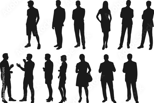 people, silhouettes, men, women, standing, talking, casual, business, characters, profile, communication, lifestyle, social, interaction, human, pose, vector, collection, isolated, set