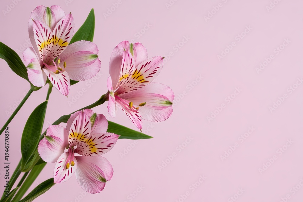 Fototapeta premium Three delicate pink alstroemeria flowers with yellow centers and dark pink stripes against a soft pink background