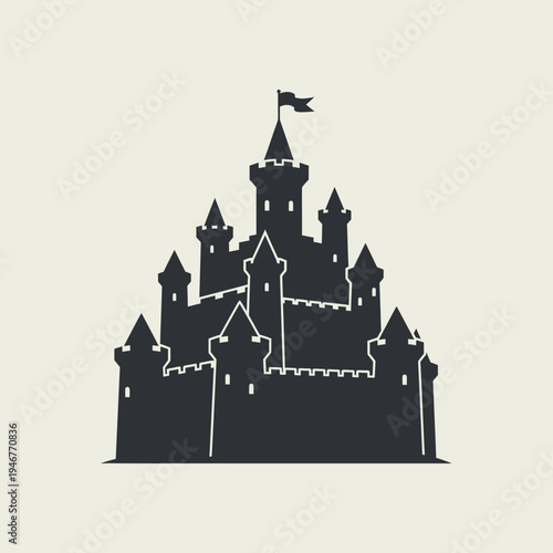 Silhouette of a medieval castle with towers and battlements.