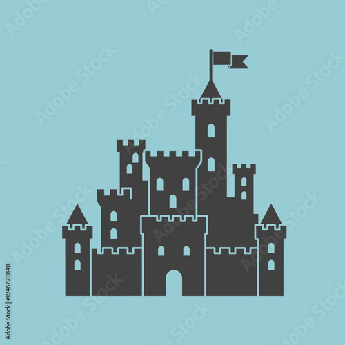 Silhouette of a castle with towers and battlements on a light blue background.