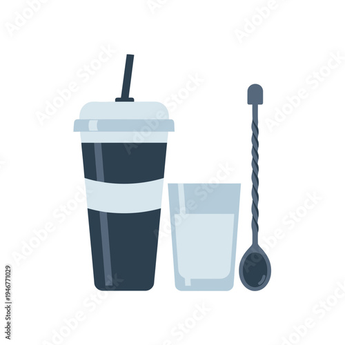 Collection of a disposable beverage cup with a straw, a clear drinking glass, and a bar spoon for mixing drinks, presented on a white background