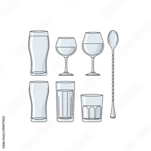 Versatile vector thin line glassware collection featuring various beverage glasses and a mixing spoon, ideal for bar menus, drink-related designs, and restaurant graphics