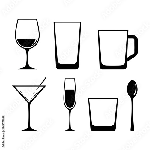 Stylized vector set showcasing a range of contemporary drinkware, including wine glasses, tumblers, and mugs, ideal for design elements and graphic user interfaces