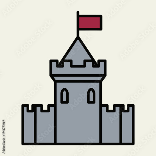 Cartoon-style illustration of a castle tower with battlements and a pointed roof.