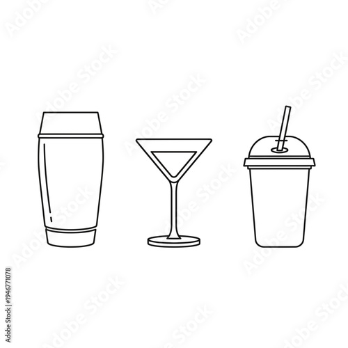 Outline illustrations of a shaker, a martini glass, and a takeout cup, perfect for illustrating drinks and bar services