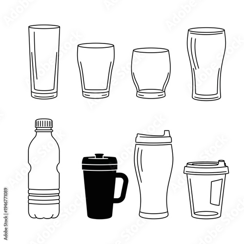 A clean line art illustration depicting a collection of drinking vessels including glasses and bottles, designed for beverage service and personal hydration needs