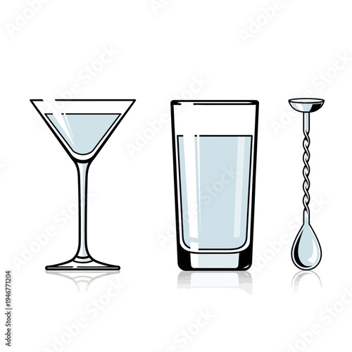 Minimalist geometric vector icons martini glass, highball tumbler, and cocktail mixing spoon. Essential bar items for modern menus, apps, and branding