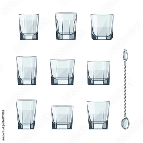 A flat illustration showcasing a collection of different types of empty glassware, including shot glasses and tumblers, alongside a bar spoon