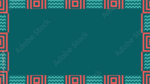 Vibrant Geometric Pattern Border Frame on Teal Background - Retro Abstract Design Element with Zig-Zags and Squares