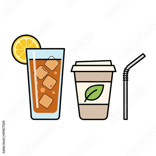 Refreshing Iced Tea in a Tall Glass with Lemon, Disposable Coffee Cup with Leaf Symbol, and Striped Straw A Collection of Beverage Illustrations