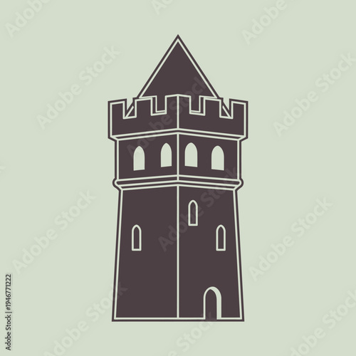 Illustration of a castle tower with battlements and arched windows.