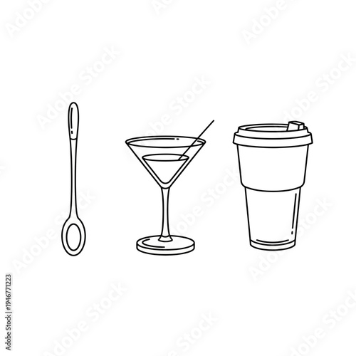 A trio of minimalist line art illustrations depicting drinkware a long spoon, a martini glass, and a to-go coffee cup, perfect for beverage-related concepts