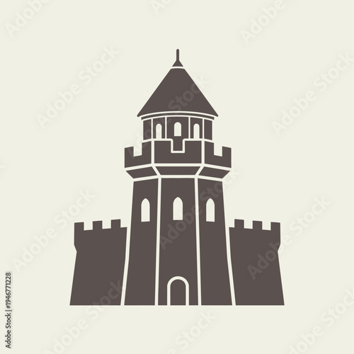 Silhouette of a castle tower with battlements and a conical roof.