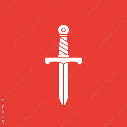 White silhouette of a sword with a striped handle on a red background.