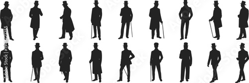 Vintage gentleman silhouettes walking men with cane and top hat Victorian style elegant male figures black vector illustration set