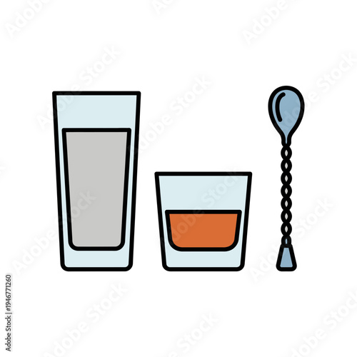 Illustration of two drinks in glasses with a bar spoon for mixing cocktails and beverages