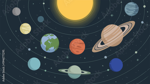 Flat illustration of the solar system with planets and sun in space astronomy and science concept