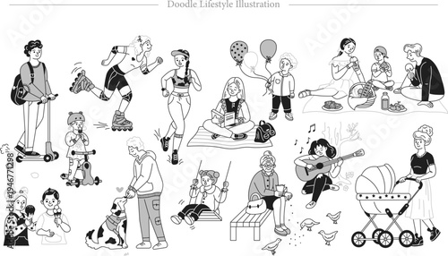 Doodle Lifestyle Illustration Set Hand Drawn Outdoor Activities Community Line Art