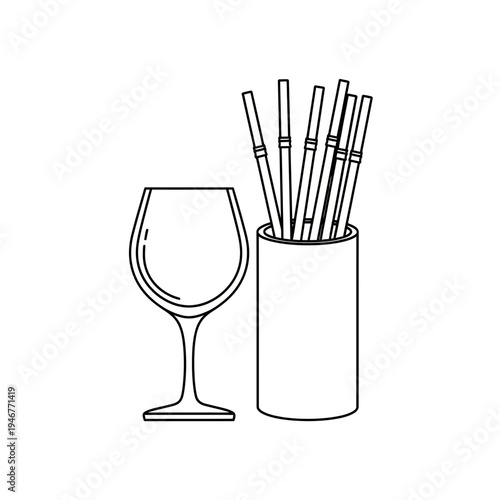 Minimalist line art illustration of a wine glass next to a holder filled with drinking straws, perfect for beverage and party themes