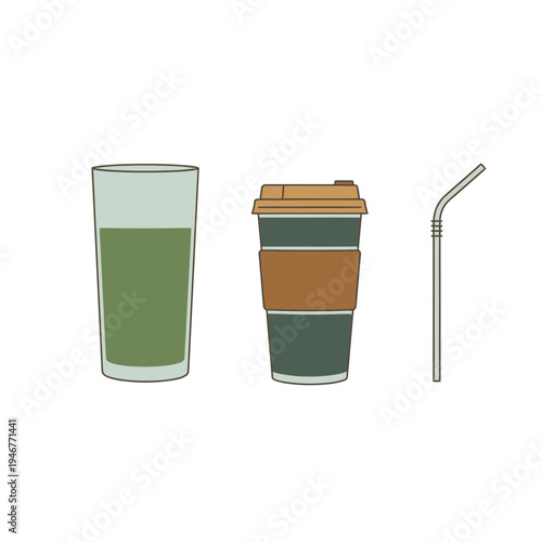 Three minimalist line art icons depicting a tall glass of green liquid, a takeaway coffee cup with a lid and sleeve, and a metal straw on a white background