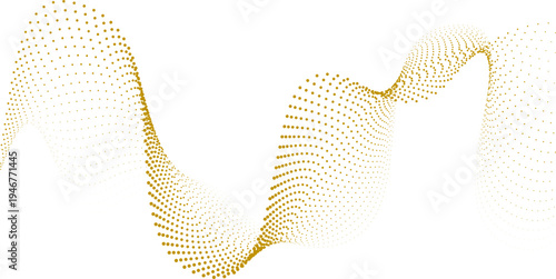 白背景に広がる金色ドットの流れるウェーブ抽象背景素材、粒子で構成された未来的データフローとデジタルネットワークを表現した高級感のあるテクノロジーイメージのミニマルデザイン