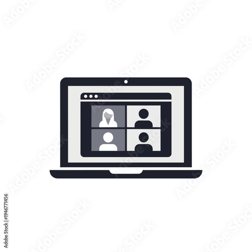 Laptop Displaying Video Conference Call with Multiple Participants in Grayscale, Isolated White Background