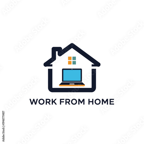 Work from home concept with house icon and laptop, symbolizing a remote workspace, isolated white background