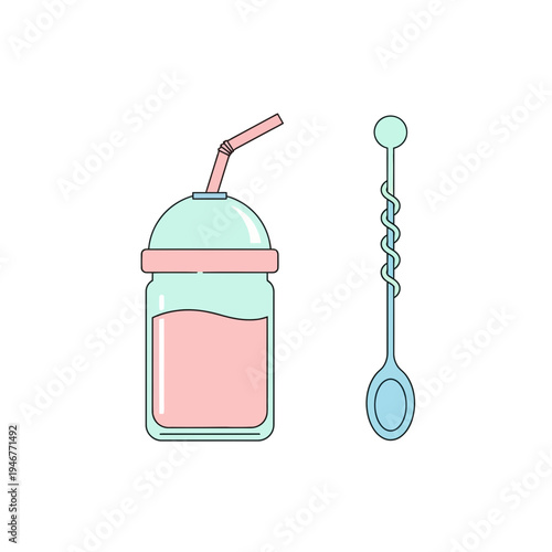 Clean UI vector line art icon of a refreshing pastel pink beverage in a reusable cup with a straw, paired with a long swizzle spoon, perfect for modern graphic design and user interfaces