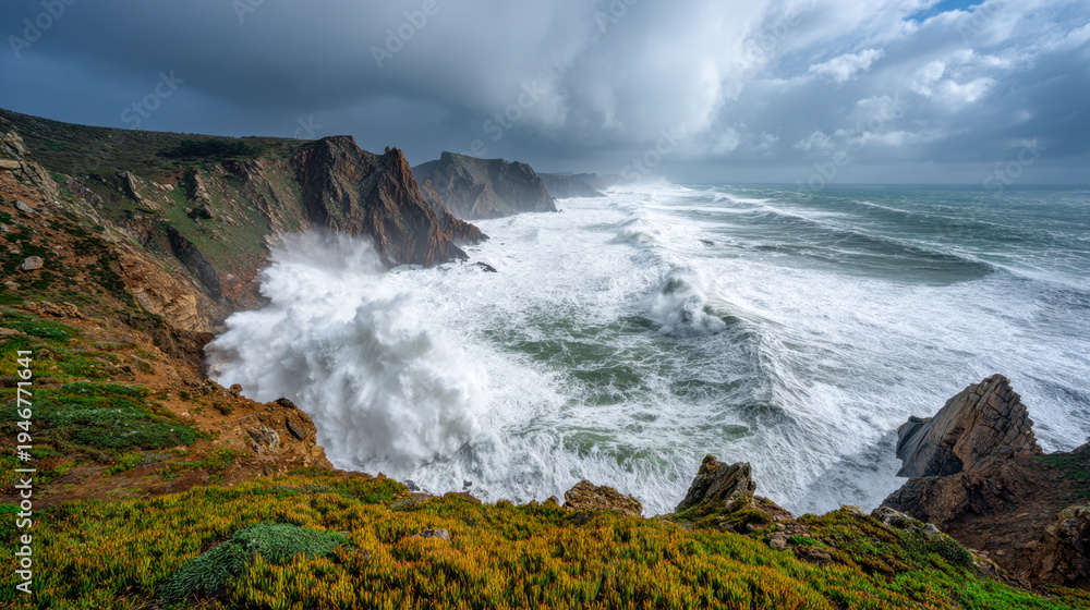 Fototapeta premium Dramatic ocean waves crashing against rugged cliffs under a stormy sky with vibrant green and yellow coastal vegetation in the foreground during turbulent weather