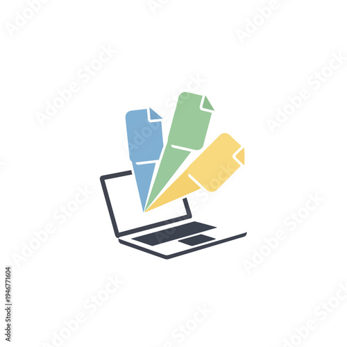Documents Flying Out of Laptop Screen Representing Digital File Transfer, Isolated White Background