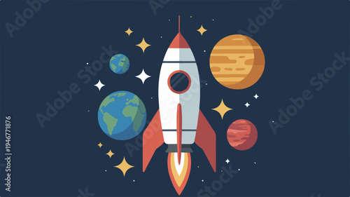 A sleek white and red rocket ship blasts off into a vibrant night sky filled with planets stars and celestial bodies symbolizing exploration and adventure in space