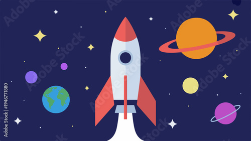 A sleek white and red rocket ship blasts off into a vibrant night sky filled with planets stars and colorful celestial bodies in a beautiful cosmic landscape