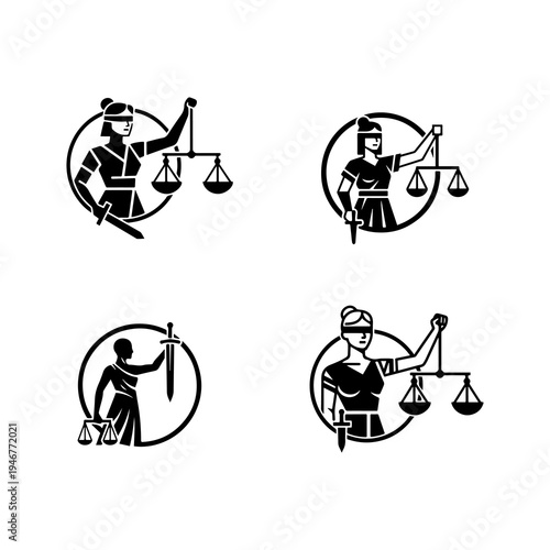 Lady Justice logo icon set, blindfolded woman holding scales and sword black and white vector