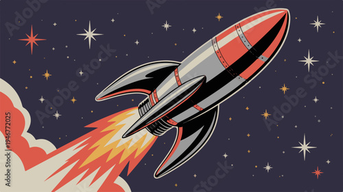 Vintage vector art poster of a rocket ship blasting off into a starry night sky with flames and smoke