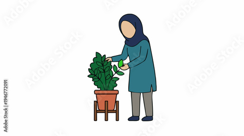 Woman Wearing Teal Tunic and Hijab Tending to a Potted Green Plant Indoors Isolated on White Background