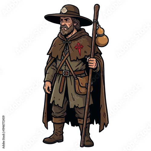 Traditional Medieval Pilgrim Character Illustration