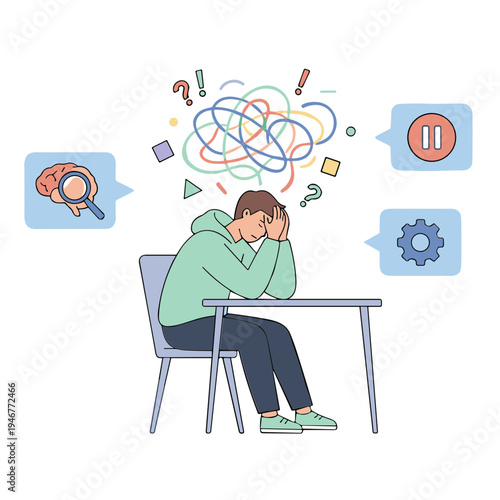 A young person sits at a desk looking stressed with confused thoughts.