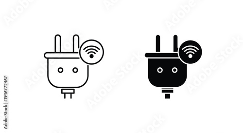 Black and white illustration of two smiling electrical plug icons with Wi-Fi signals on a plain white background.